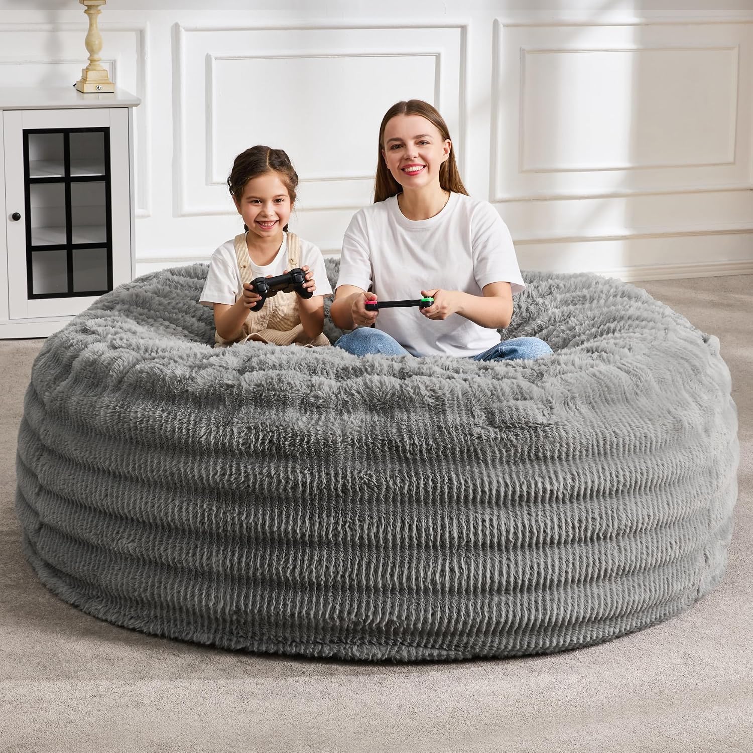 Hobestluk Bean Bag Chairs Beanbag Chair with Filler Adult Bean Bags with Fluffy Ripple Cover, Giant Bean Bag Chairs for Adults (Grey, 6FT - 70' x 70' x 15')