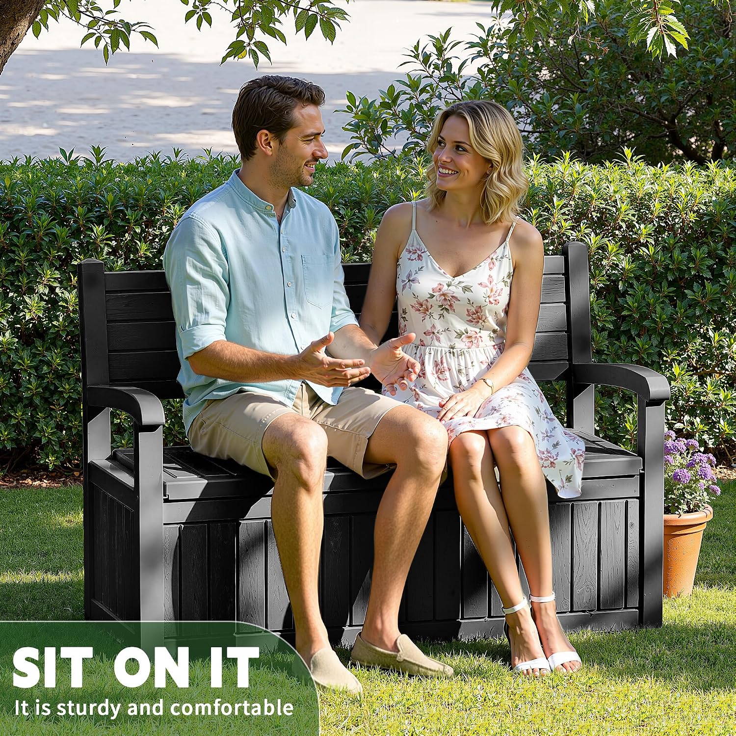 80 Gallon Outdoor Storage Bench Spacious Storage Box Waterproof Resin Deck Box Lockable for Patio, Garden, Living Room & Outdoor Spaces（Black）