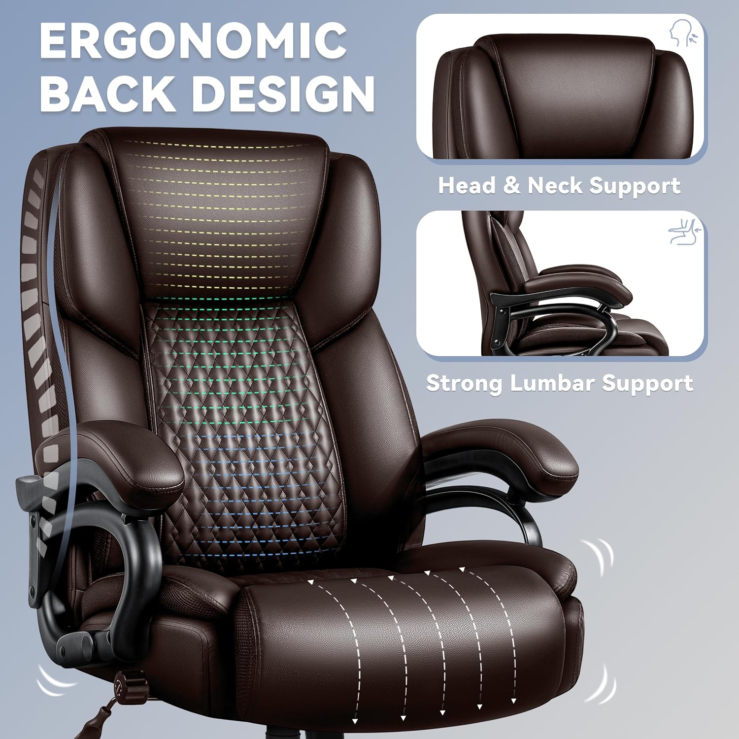 X-Large Office Chair 500 Lbs Capacity, Ergonomic PU Leather Executive Chair with Lumbar Support & Quiet Rubber Wheels, Comfy Heavy Duty Desk Chairs for Heavy People, Brown