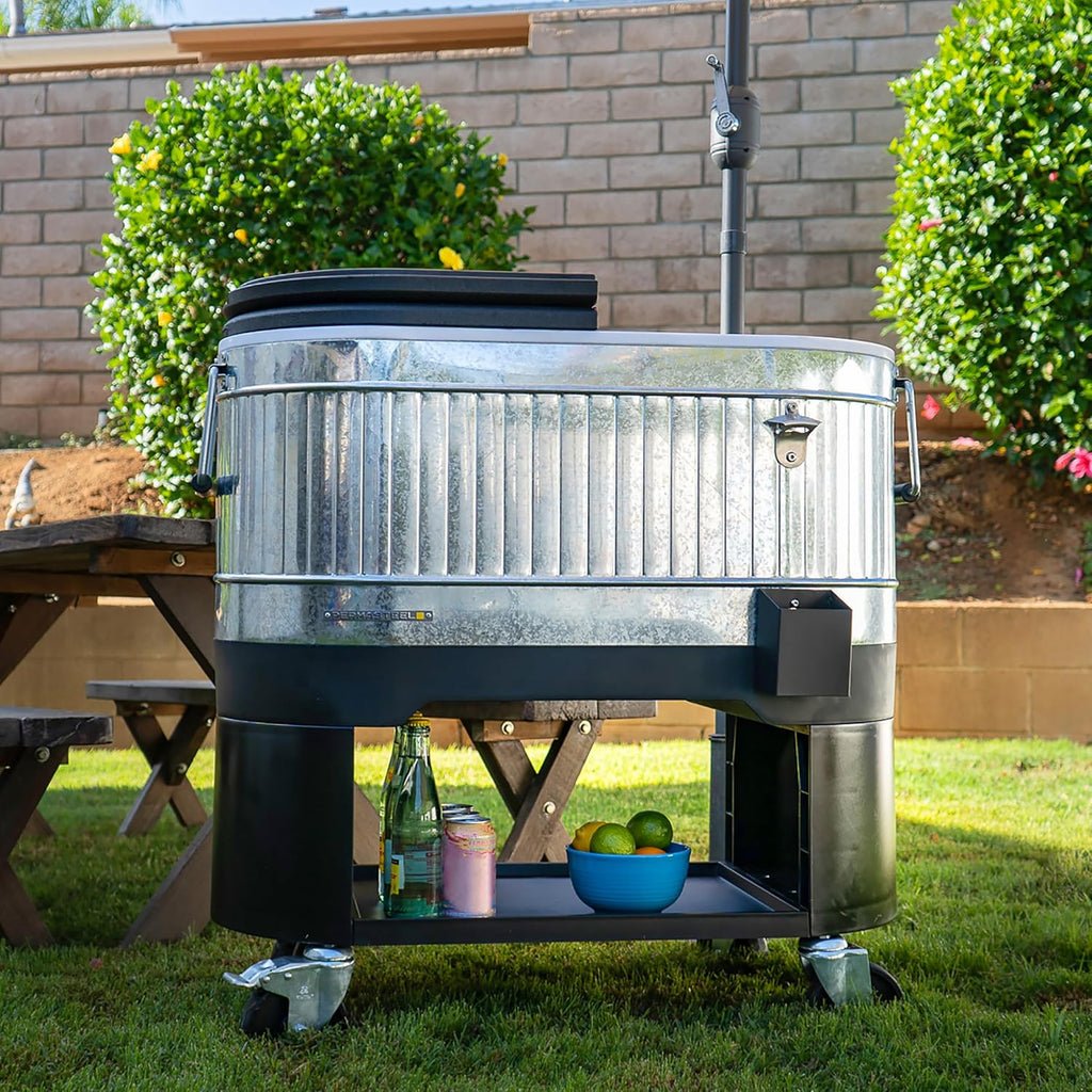 Permasteel Rolling Patio Cooler – Large Outdoor Ice Chest with Wheels, Beverage Cooler for Backyard, BBQ, Tailgate, Beach, Parties, Rustic Farmhouse Design
