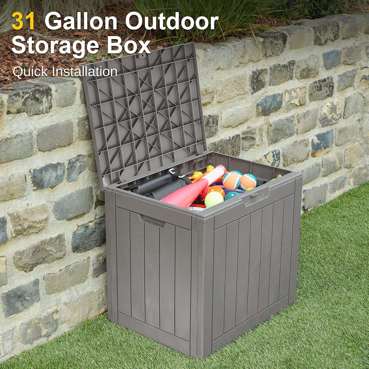 Suncast 130 Gallon Backyard Storage Shed Bundle with 31 Gallon East Oak Waterproof Deck Box for Outdoor Storage