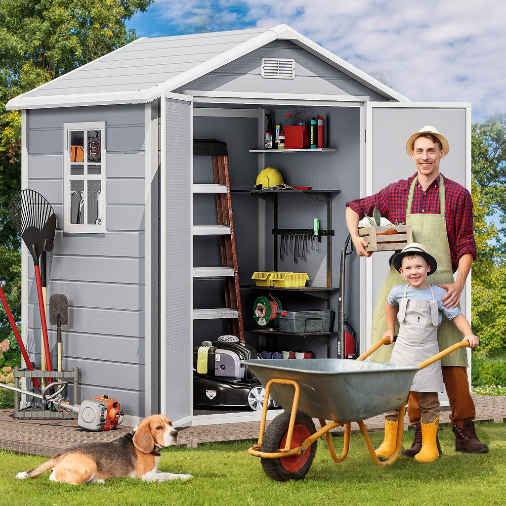DWVO 6x4.4 FT Resin Storage Shed with Reinforced Floor, Outdoor Storage Shed with Lockable Door, Window and Vents, Waterproof Plastic Tool Storage for Garden, Backyard, Patio, Lawn