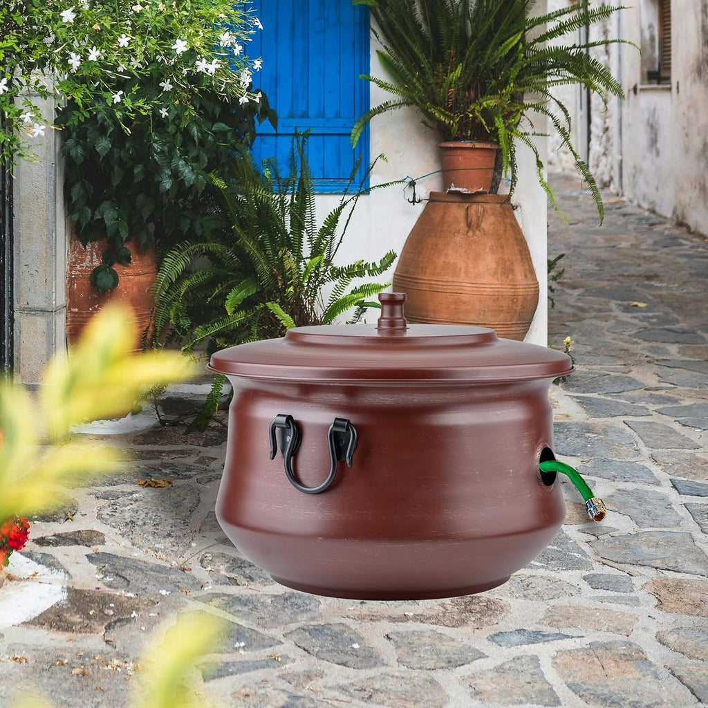Decorative Garden Hose Holder Pot Storage with Lid 19x15.25' for Yard, Indoor & Outdoor Use - Water Hose Container, Handmade (Cobble Creek Brushed Bronze)