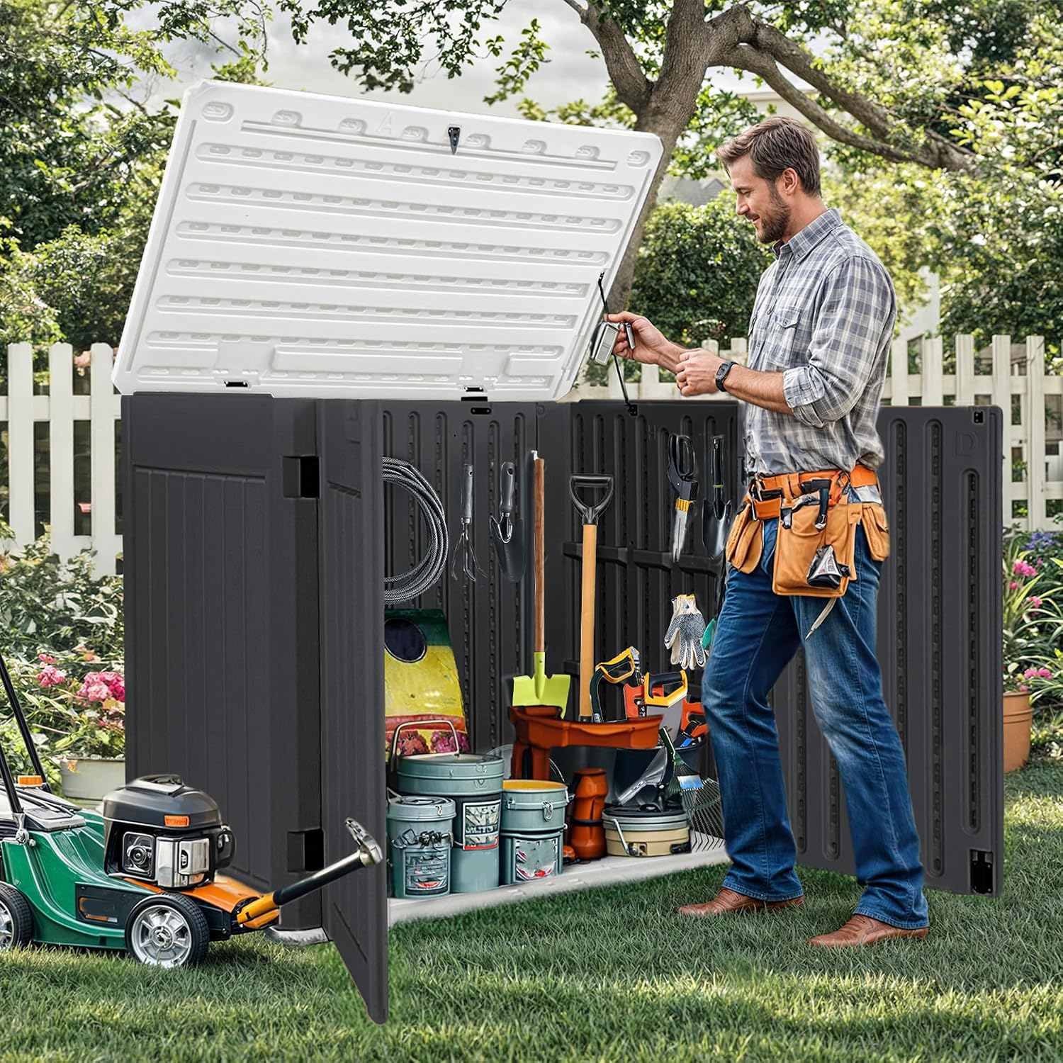 DWVO 47 cu ft Spacious Horizontal Storage Unit, Outdoor Resin Tool Locker Without Shelf, Waterproof Lockable Container with Base for Gardening, Waste Bins, Grass Cutter, 4.5x2.8x3.9 ft, Dark Gray