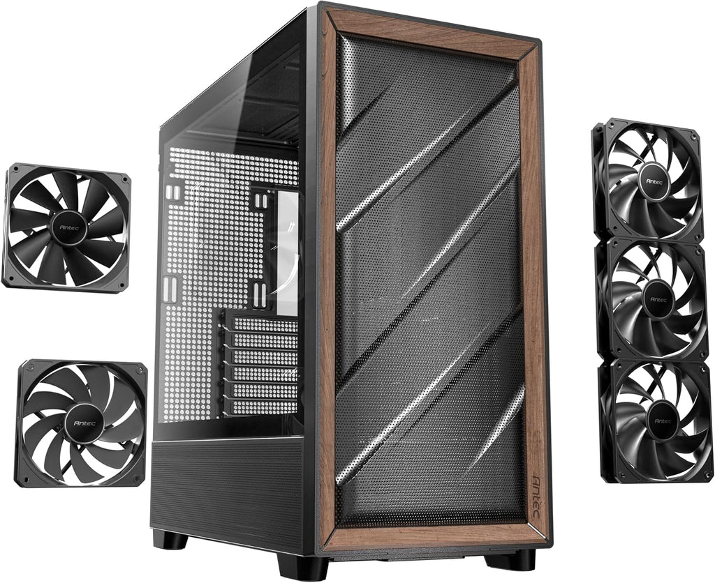 Antec Flux Wood, 5 x PWM Fans Included, High-Airflow Front Panel with Walnut Wood, Type-C, 420mm Radiator & Back Connect Motherboard Support, Up to 9 Fans Simultaneously, Mid-Tower E-ATX PC Case