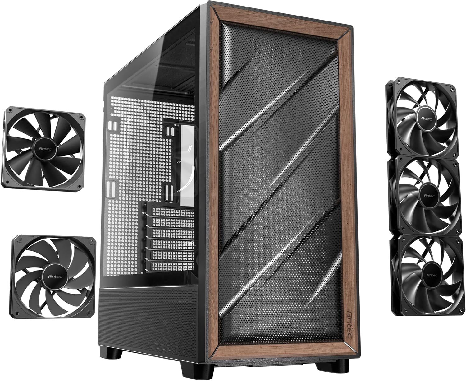 Antec Flux Wood, 5 x PWM Fans Included, High-Airflow Front Panel with Walnut Wood, Type-C, 420mm Radiator & Back Connect Motherboard Support, Up to 9 Fans Simultaneously, Mid-Tower E-ATX PC Case