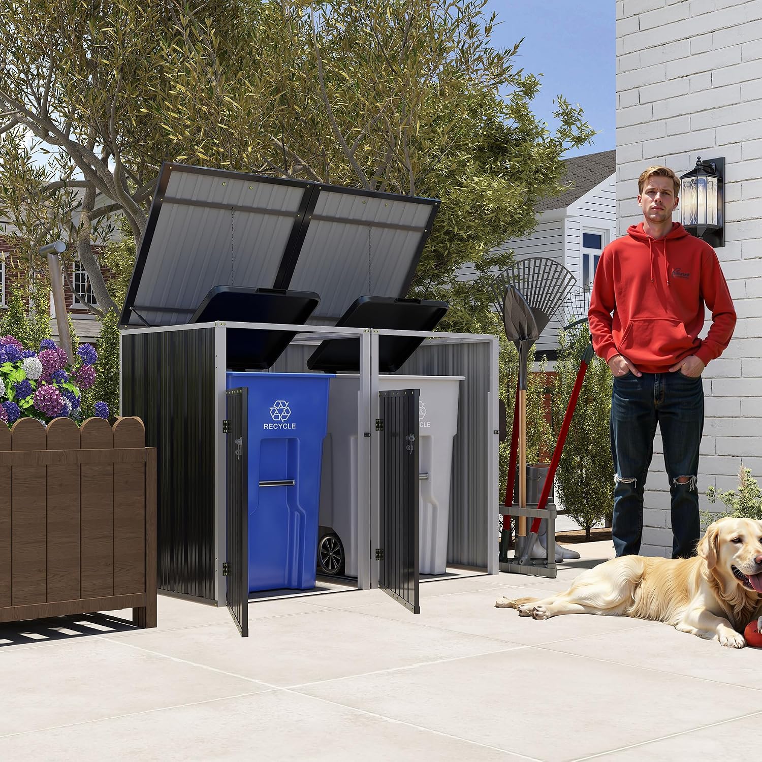 Garbage Bin Shed Stores 2 Trash Cans Metal Outdoor Bin Shed for Garbage Storage,54 Cubic feet of Space,Stainless Galvanized Steel, Bin Shed for Garden Yard Lawn,Grey
