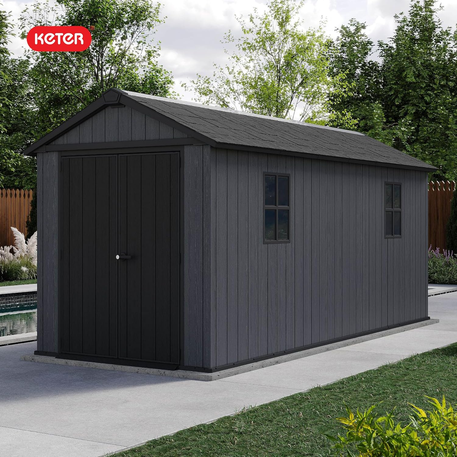 Keter Newton Plus 7.5x15 Ft All-Weather Storage Shed with Skylight, Window, Built-in Ventilation, Customizable Walls, & Lockable Double Doors, Graphite