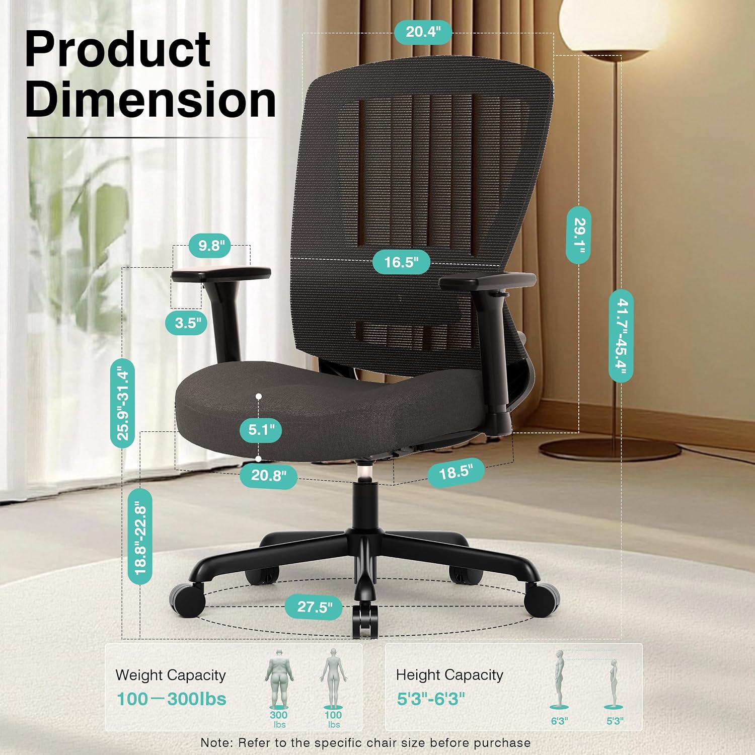 ELABEST Mesh Office Chair,Ergonomic Computer Desk Chair,Sturdy Task Chair- Adjustable Lumbar Support & Armrests,Tilt Function,Comfort Wide Seat,Swivel Home Office Chair (Noir Black (Padded Seat))