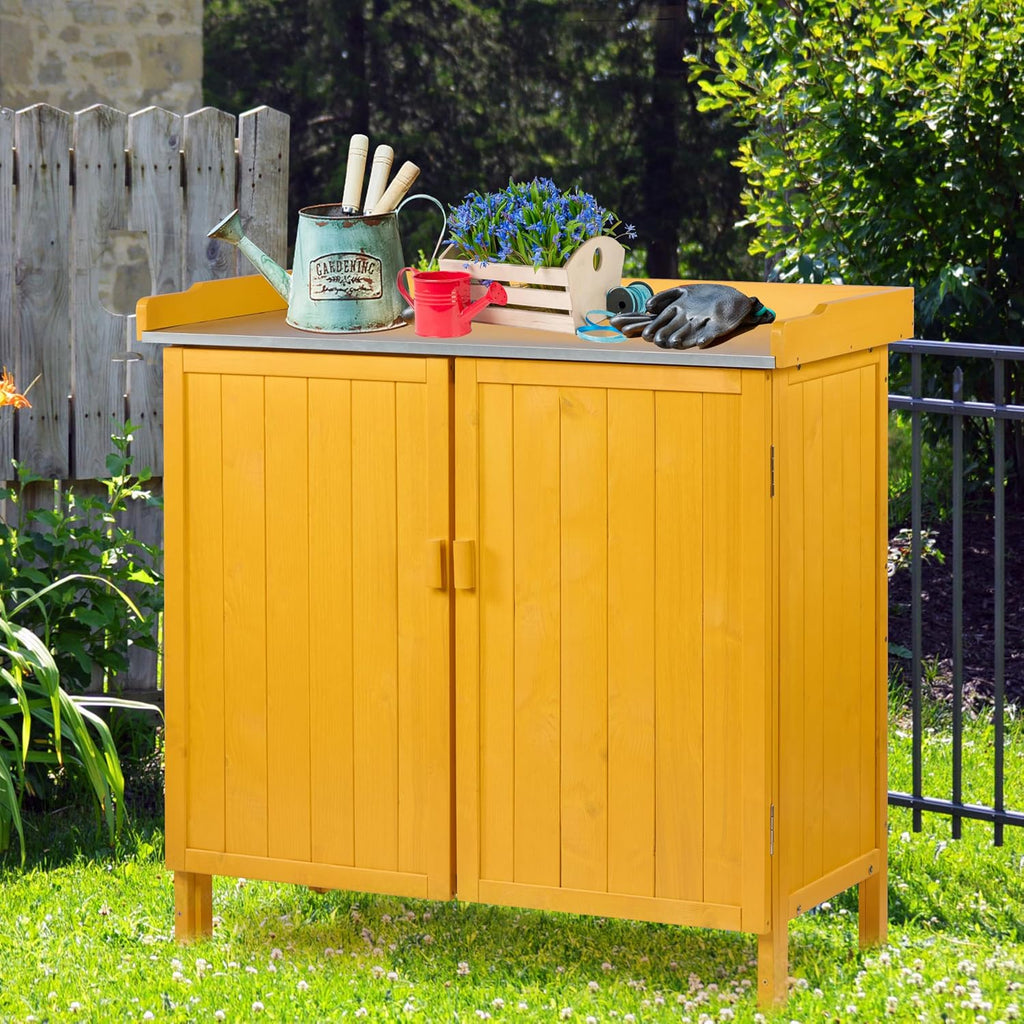 HABAU Outdoor Storage Cabinet with Potting Bench & Metal Tabletop, Wooden Planting Workstation for Garden Patio, Weatherproof