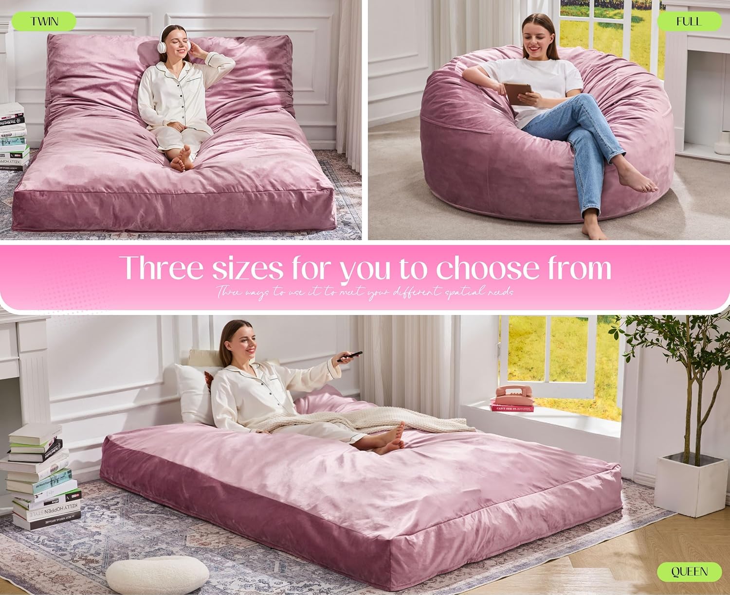 Hobestluk Giant Bean Bag Chair Bed for Adults, Large Bean Bags with High-Density Foam Filling, Convertible Big Sofa Bed Couch for Living Room, Bedroom, Playroom (Pink, Queen)