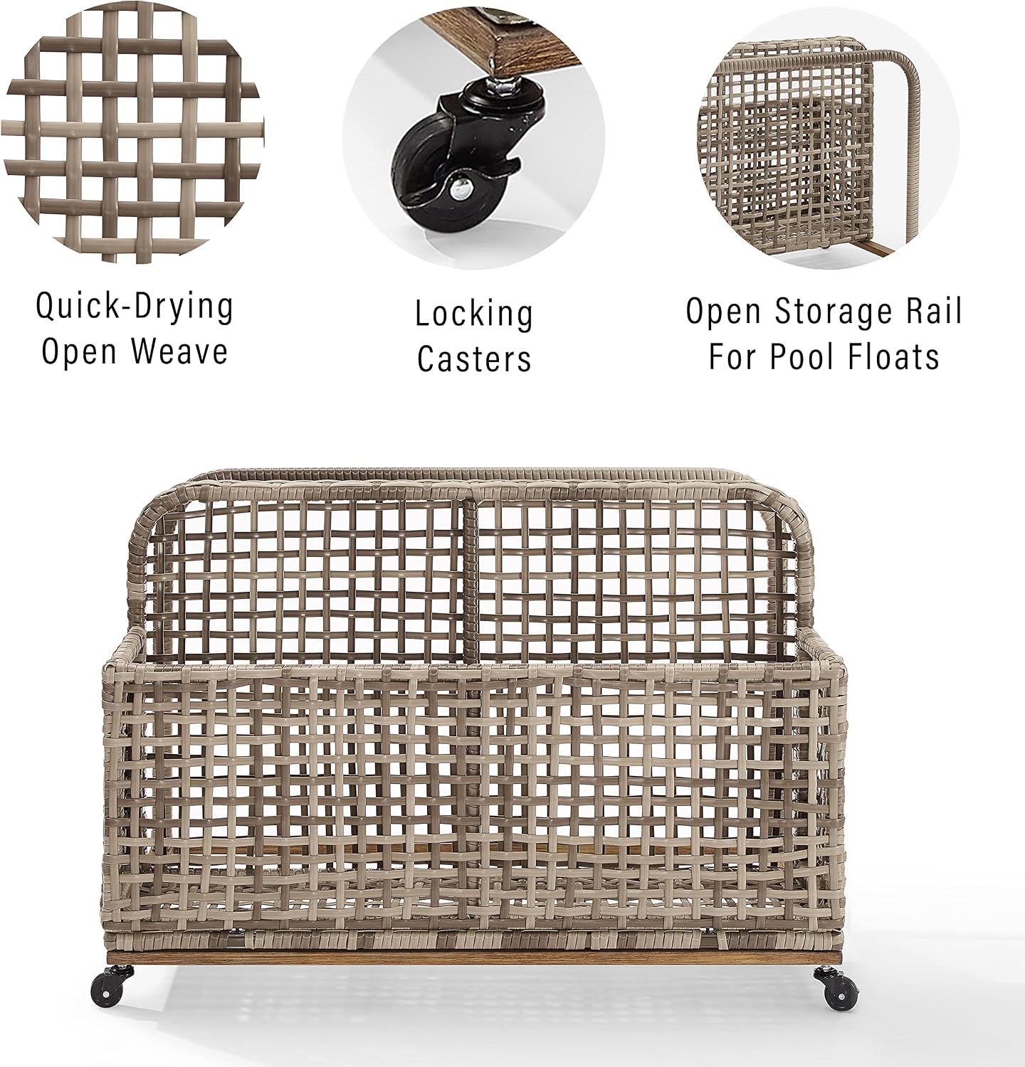 Crosley Furniture Ridley Wicker Outdoor Storage Pool Caddy for Floats, Patio Furniture Cushions, Distressed Gray/Brown