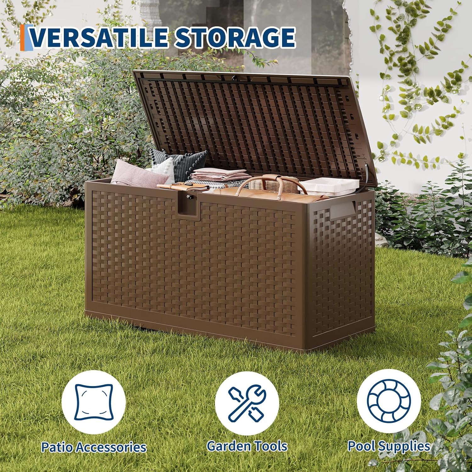 Garvee Outdoor Storage Box, 73 gal Large Waterproof Resin Deck Box Indoor Outdoor Use, Lockable UV Resistant Storage Bin for Patio, Garden, Cushions, Tools, Equipment, Brown