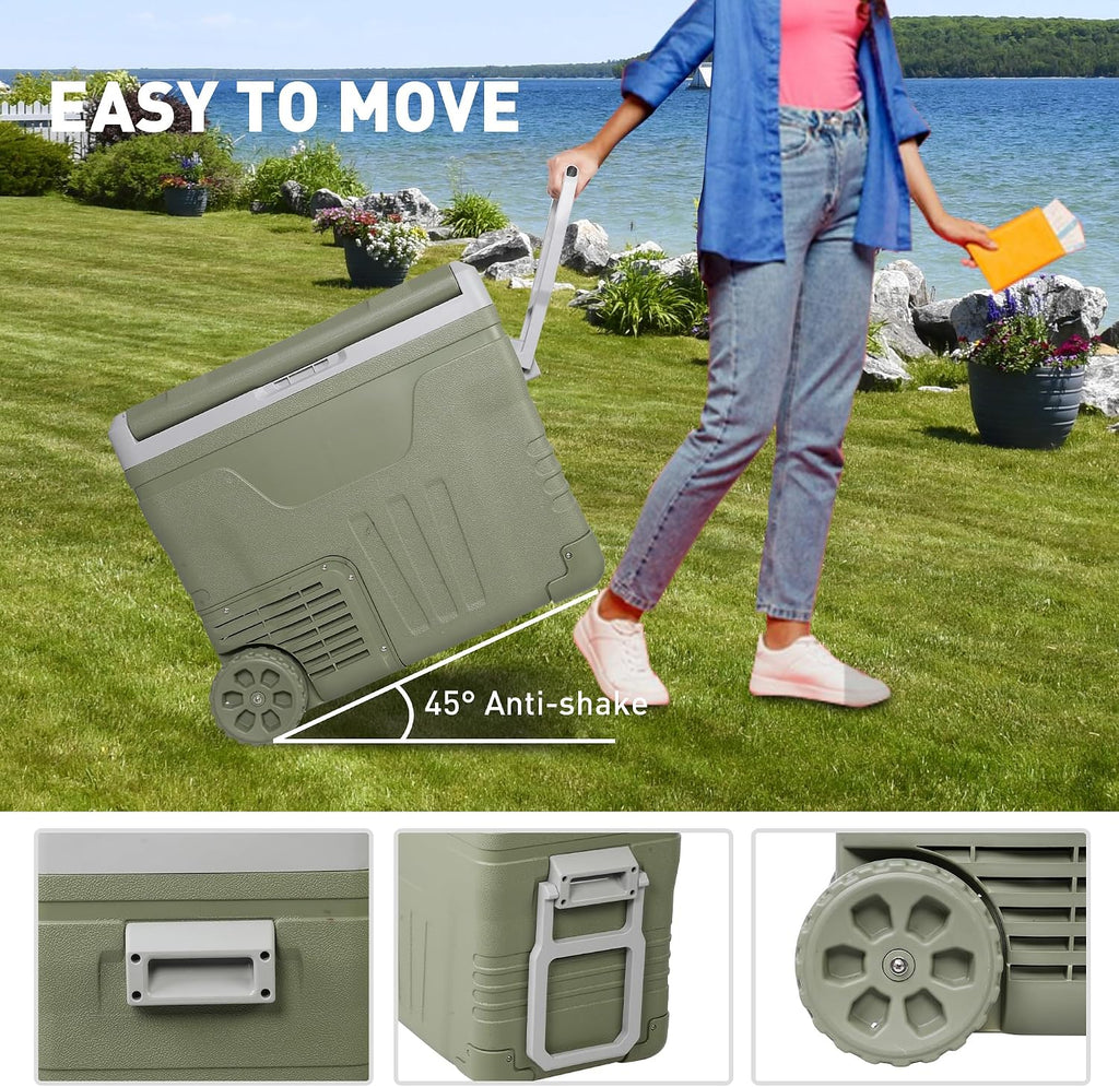 Portable 50L Car Refrigerator with Wheels & Pull Rod - Temperature Display (-4℉-68℉) electric coolers for vehicles, 12/24V DC & 100-240V AC - Ideal Car Freezer for Camping, RV, Home & Outdoor