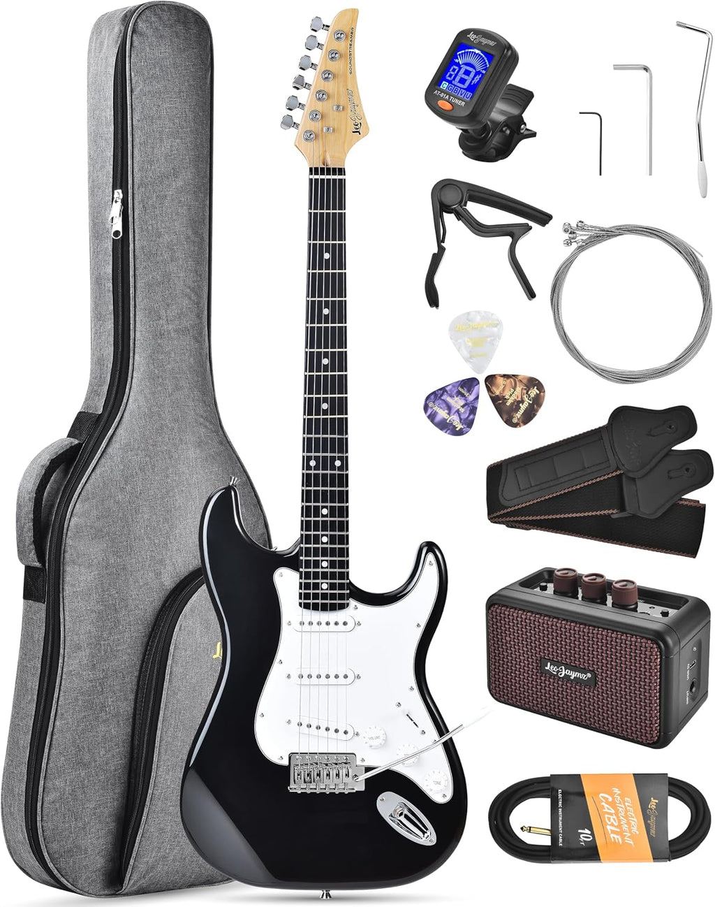 Leo Jaymz Beginner Electric Guitar Complete Kit with Portable Amp, Padded Gig Bag & Full Accessories, Maple Neck SSS Pickups(Black)