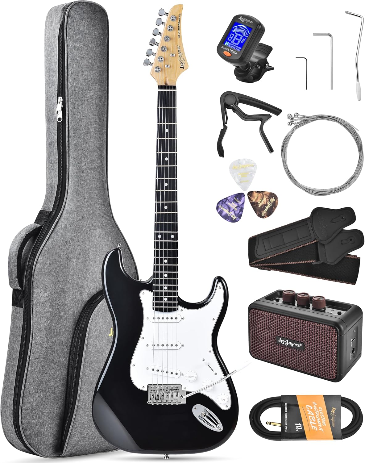 Leo Jaymz Beginner Electric Guitar Complete Kit with Portable Amp, Padded Gig Bag & Full Accessories, Maple Neck SSS Pickups(Black)