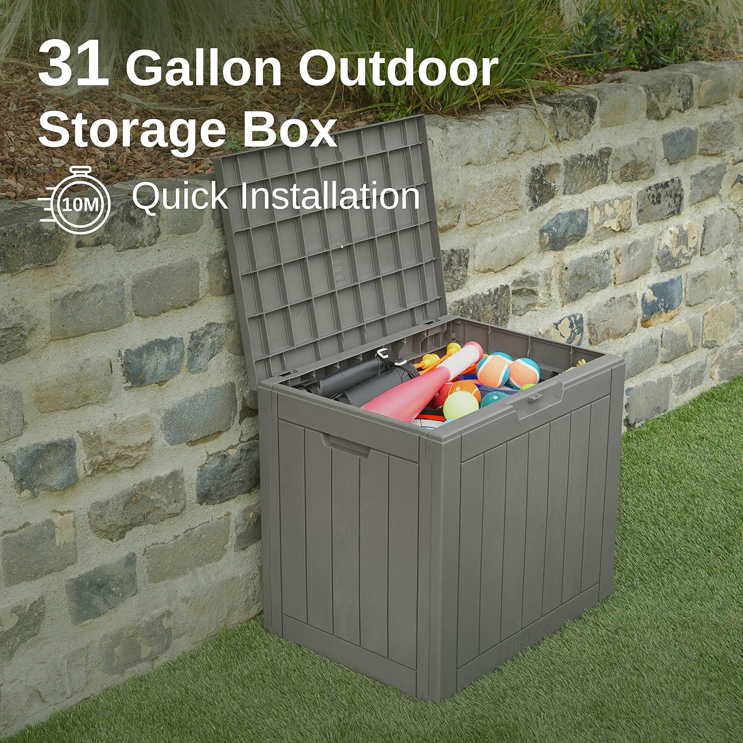 Suncast 50 Gallon Medium Capacity All Weather Construction Resin Outdoor Storage Deck Box with Arched Lid for Patio, Garden, or Pool, Peppercorn | EAST OAK Deck Box, 31 Gallon Indoor and Outdoor Storage Box