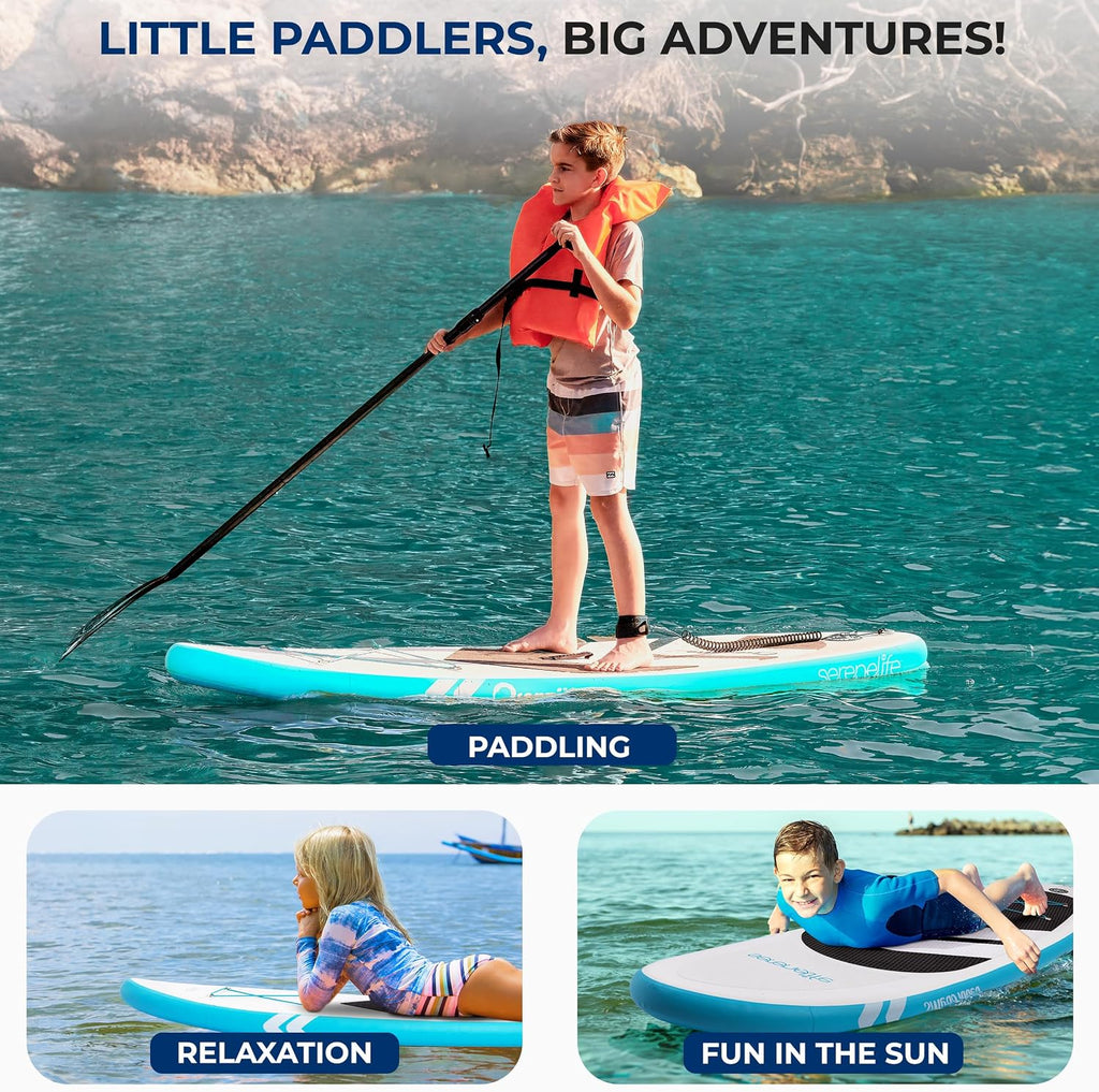 SereneLife 7'9' Kids Inflatable Stand Up Paddle Board - SUP for Youth with Single-Action Pump, Adjustable Paddle & Backpack - 30' Wide Stable Design with Non-Slip EVA Deck Pad, Ages 5+, 200lb Capacity