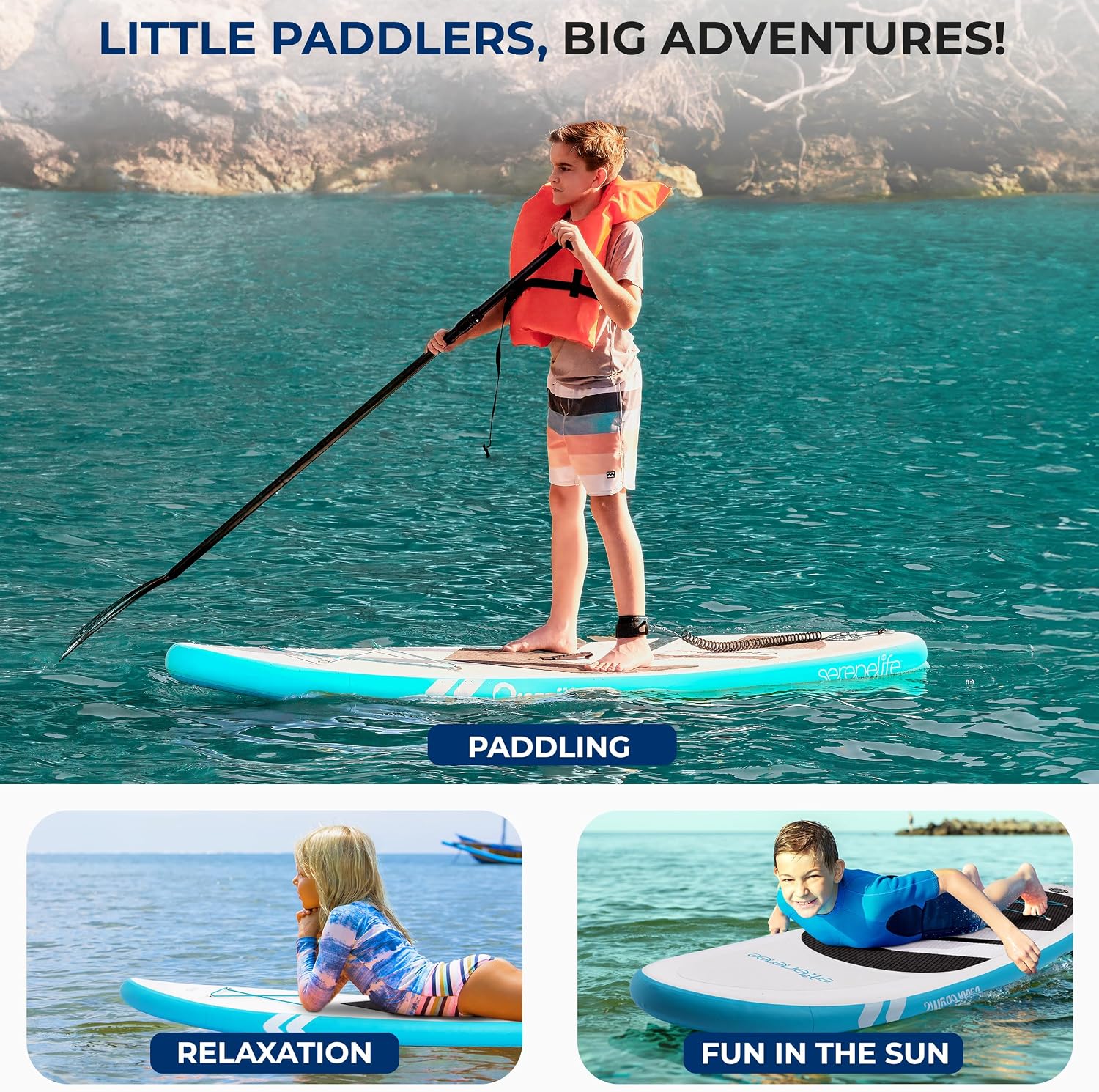 SereneLife 7'9' Kids Inflatable Stand Up Paddle Board - SUP for Youth with Single-Action Pump, Adjustable Paddle & Backpack - 30' Wide Stable Design with Non-Slip EVA Deck Pad, Ages 5+, 200lb Capacity