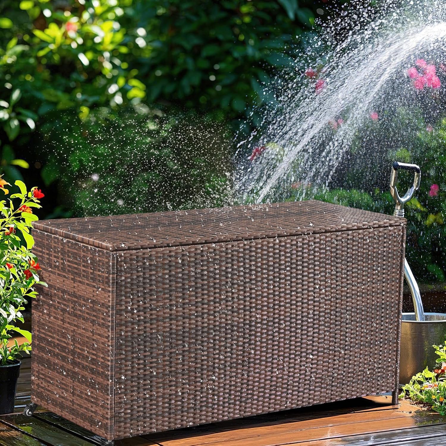 AVAWING 180 Gallon Large Deck Box, Outdoor Wicker Storage Container, Patio Rattan Furniture for Garden Tools, Pillows, Pool, Brown