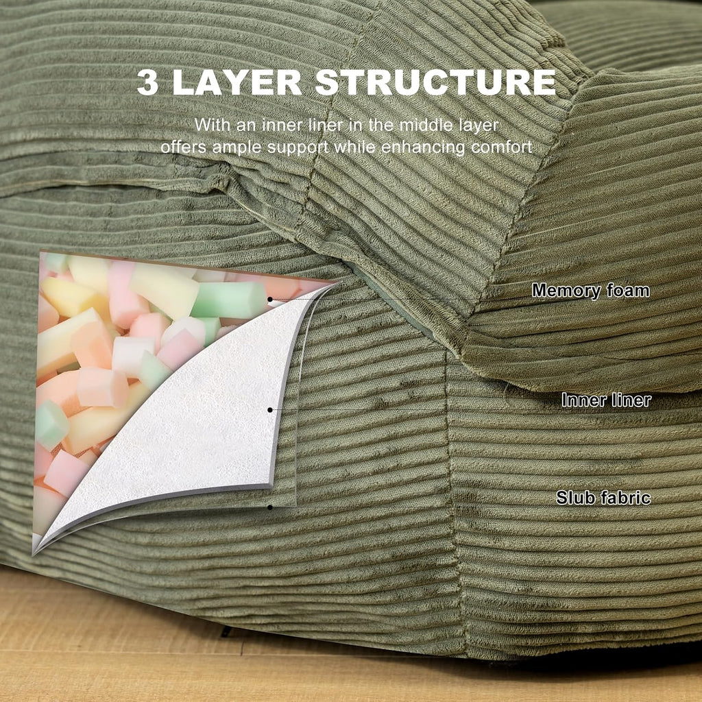 Giant Bean Bag Chair with Armrests - Oversized Cozy Seating for Adults, Corduroy Fabric & High-Resilience Foam Filling, Ideal Lounge for Living Room, Bedroom & Gaming Room (Olive Green)
