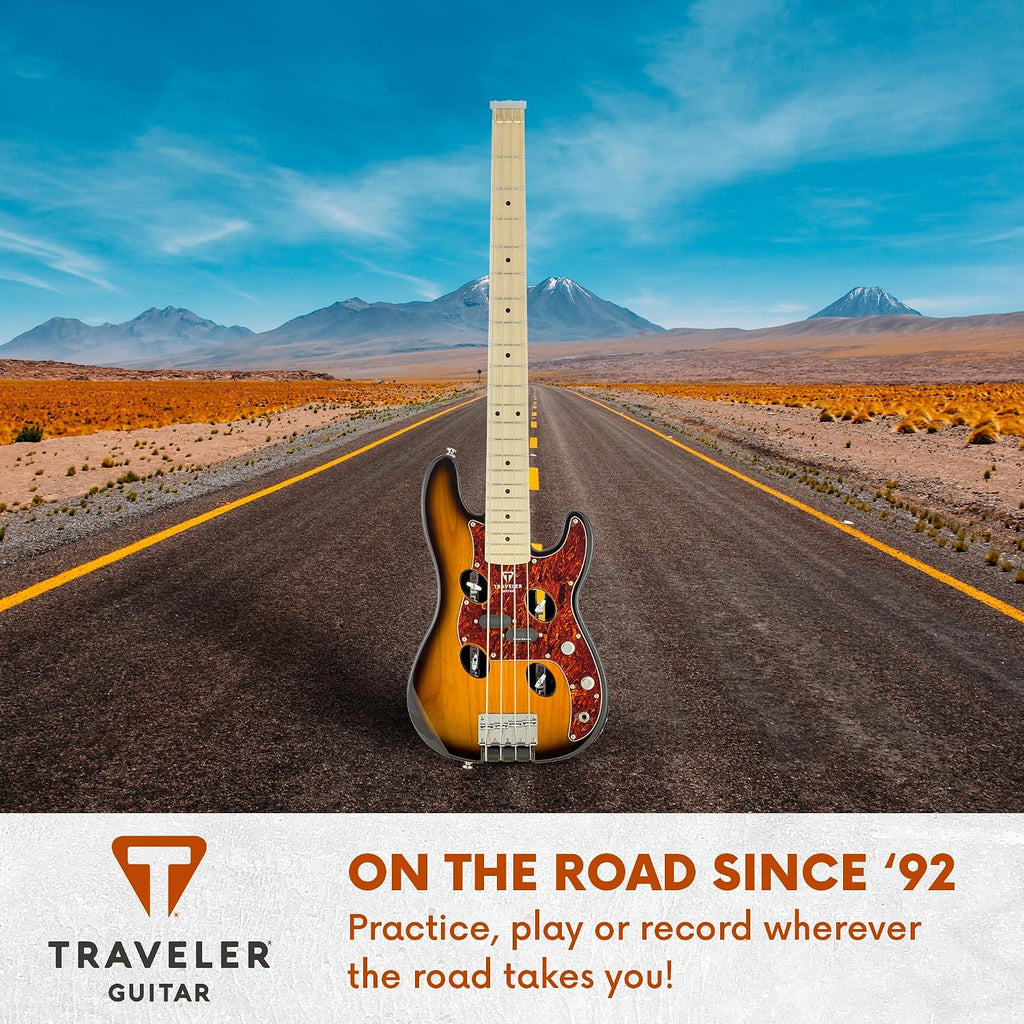Traveler Guitar TB-4P Sunburst Bass | Travel Guitar with Aux-in | 4 String Bass Guitar with 22 Jumbo Frets | Full 32' Scale Portable Electric Bass Guitar | Headless Guitar with Custom Gig Bag