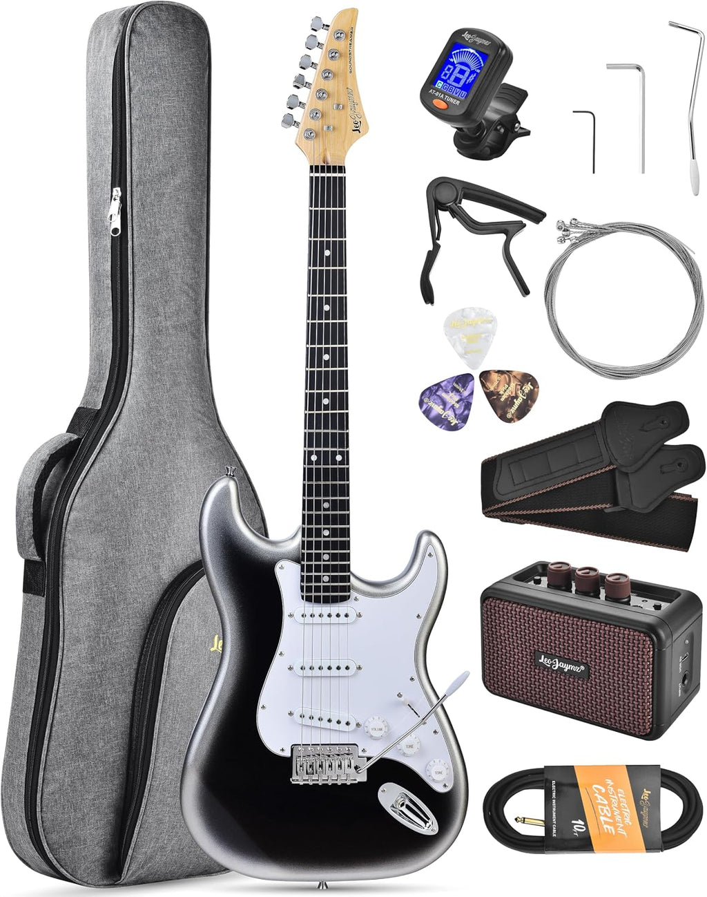 Leo Jaymz Beginner Electric Guitar Complete Kit with Portable Amp, Padded Gig Bag & Full Accessories, Maple Neck SSS Pickups(White-Black Fade)