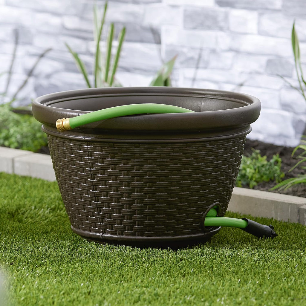 Suncast 6 Pack Decorative Wicker Garden Hose Holder Pot with 4 Drain Holes for 100 Foot Hoses, Java