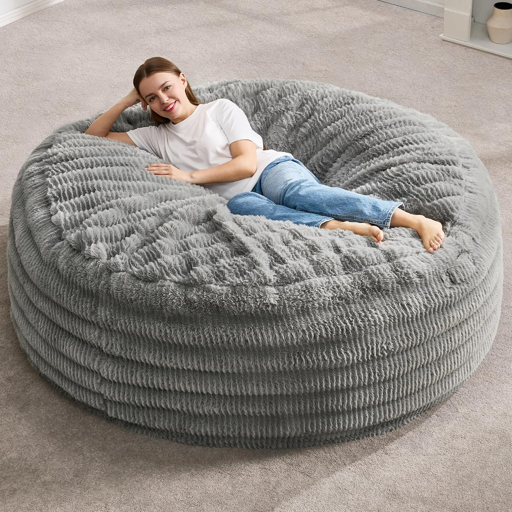 Hobestluk Bean Bag Chairs Beanbag Chair with Filler Adult Bean Bags with Fluffy Ripple Cover, Giant Bean Bag Chairs for Adults (Grey, 5FT - 50' x 50' x 24')