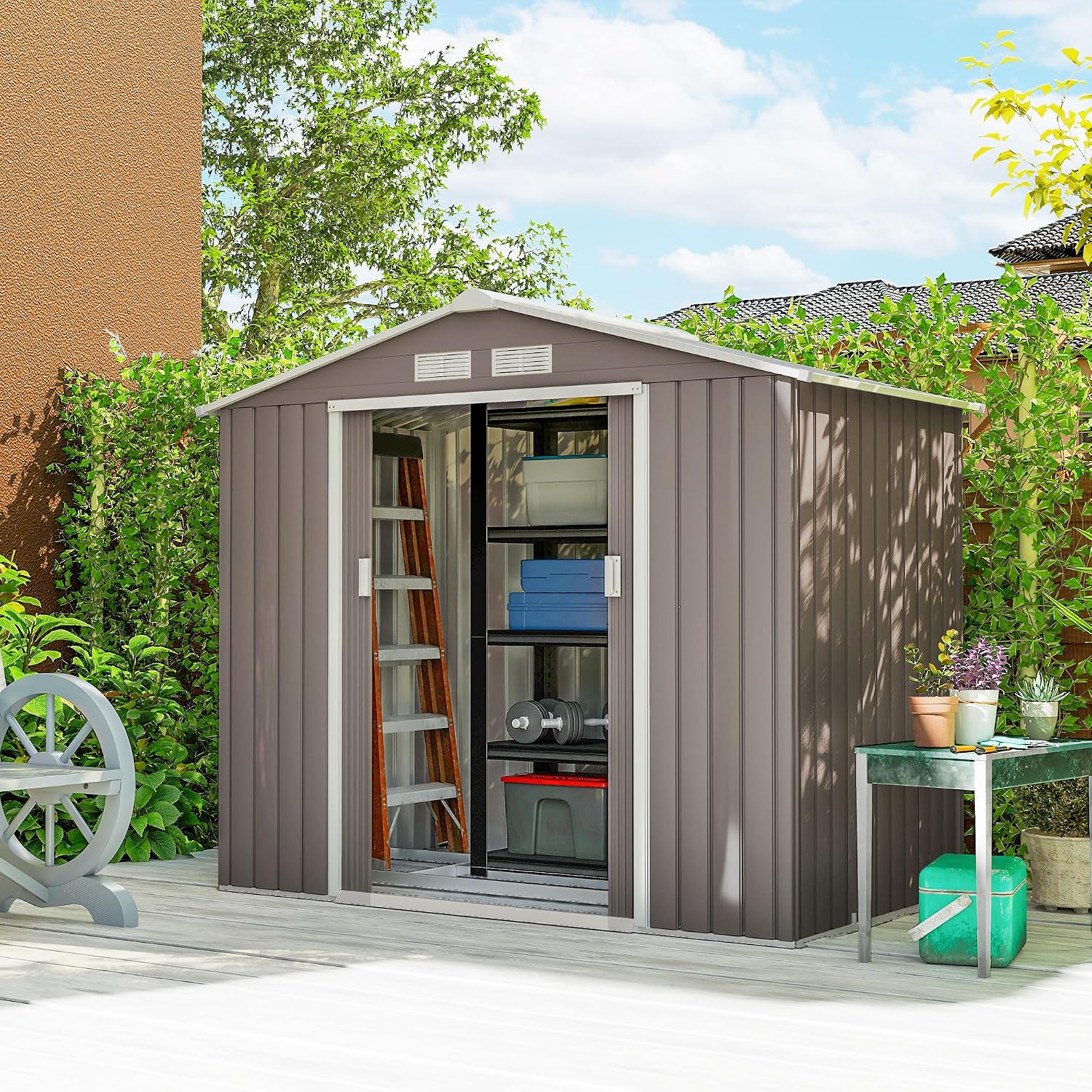 Outsunny 7' x 4' Outdoor Storage Shed, Garden Tool Metal Shed with Foundation Kit, Double Lockable Door, Air Vents and Sloping Roof, for Backyard, Patio, Lawn, Gray
