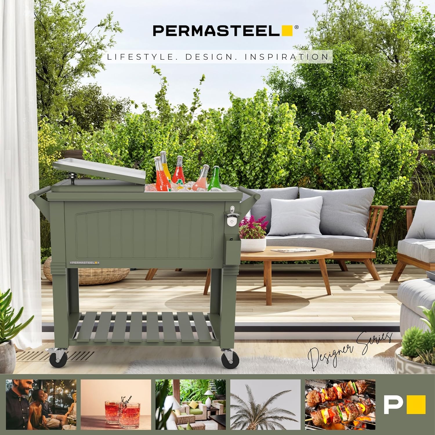 Permasteel Party Cooler with Divider, Spacious 80-Qt Capacity, Chills 36hrs, Serving Tray, Rolling Ice Chest for Indoor and Outdoor Entertainment, Matte Green