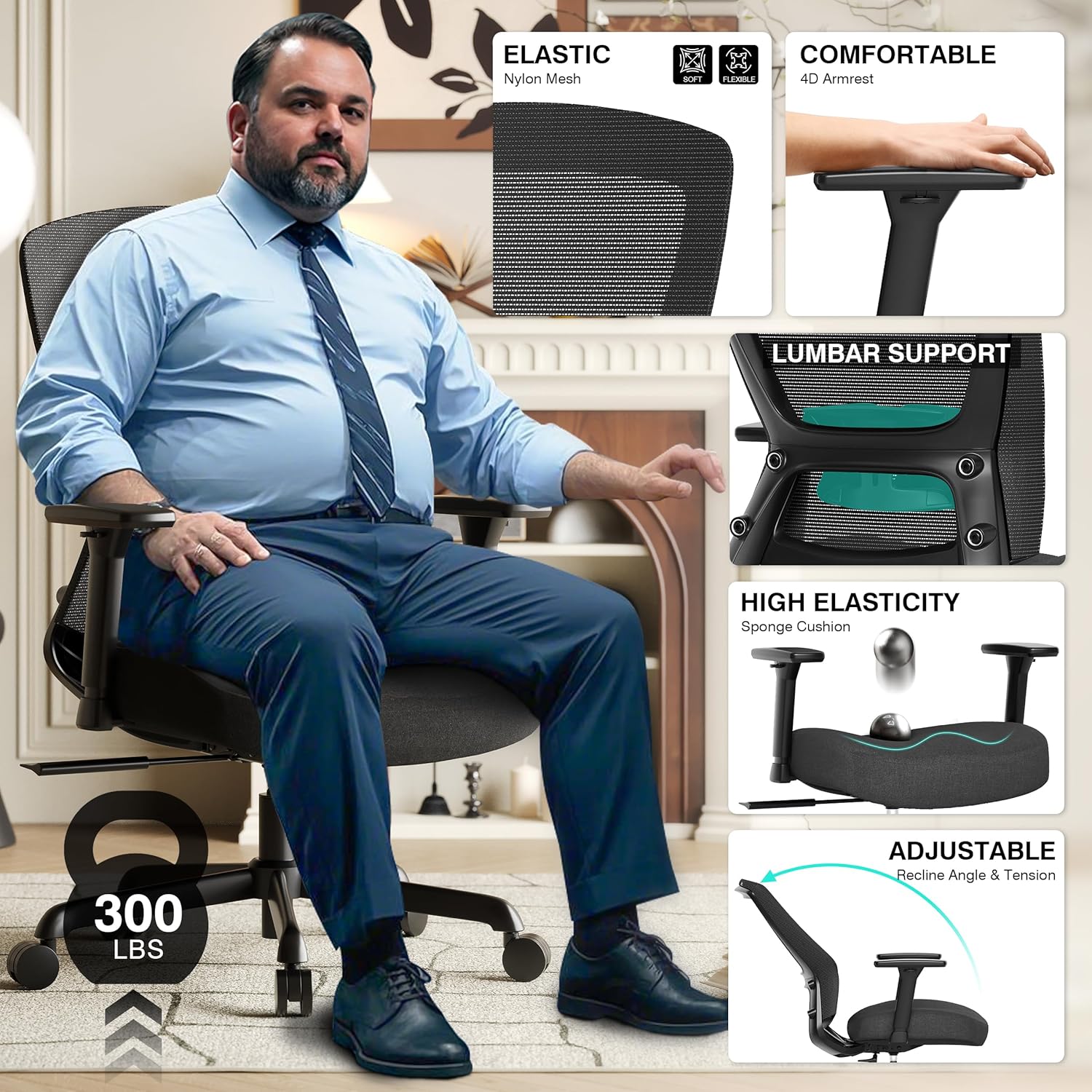 ELABEST Mesh Office Chair,Ergonomic Computer Desk Chair,Sturdy Task Chair- Adjustable Lumbar Support & Armrests,Tilt Function,Comfort Wide Seat,Swivel Home Office Chair (Noir Black (Padded Seat))