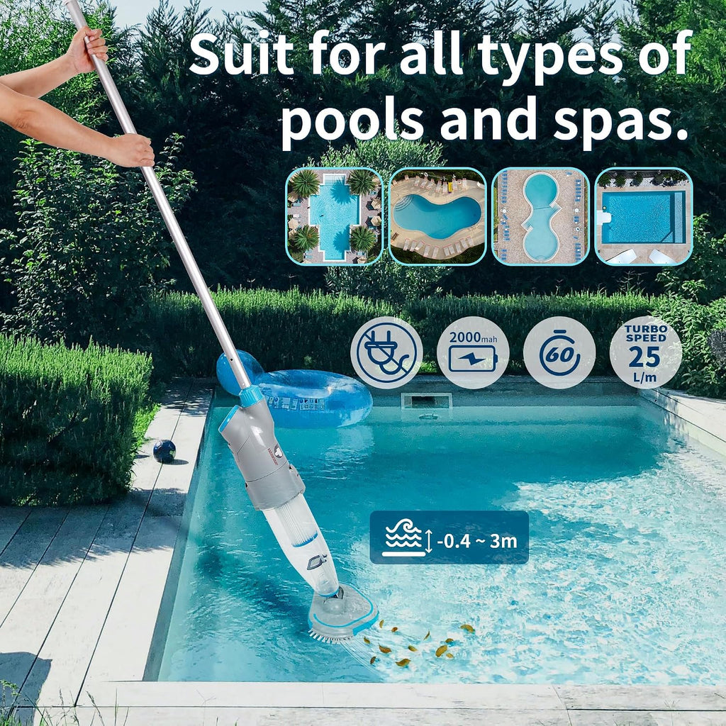 Cordless Handheld Pool Vacuum (Pole Included), Rechargeable Pool Cleaner with 2-Speed Cleaning Mode, 19GPM Suction, Dual Filter System, Perfect for Above/In-Ground Pools, Spas, Hot Tubs