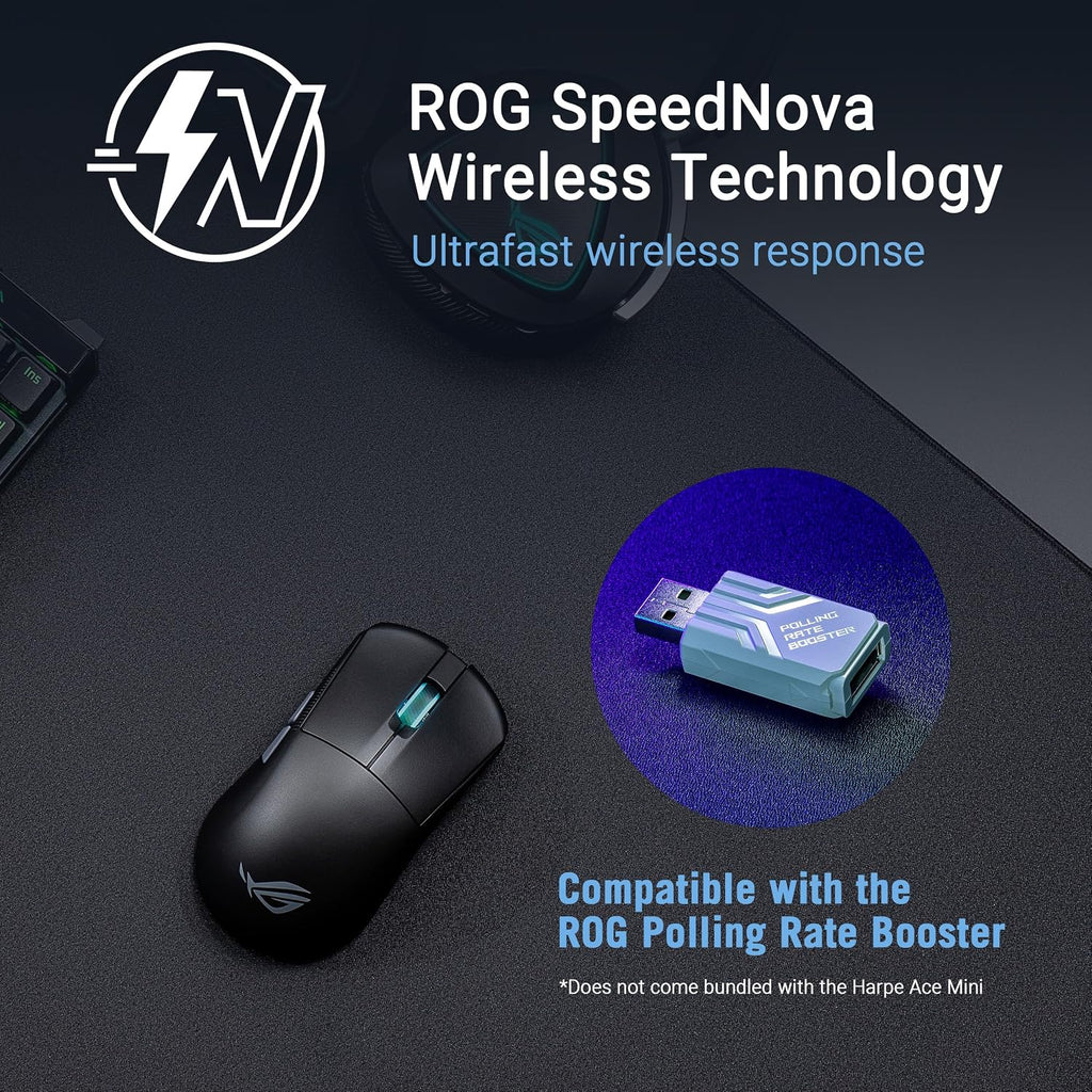 ASUS ROG Harpe Ace Mini Wireless Esports Gaming Mouse – Small Compact Design, Right-Handed, 49g Lightweight, Tri-Mode Connectivity, 36K DPI, up to 105Hr Battery, Pro-Approved, PC/Mac Support - Black