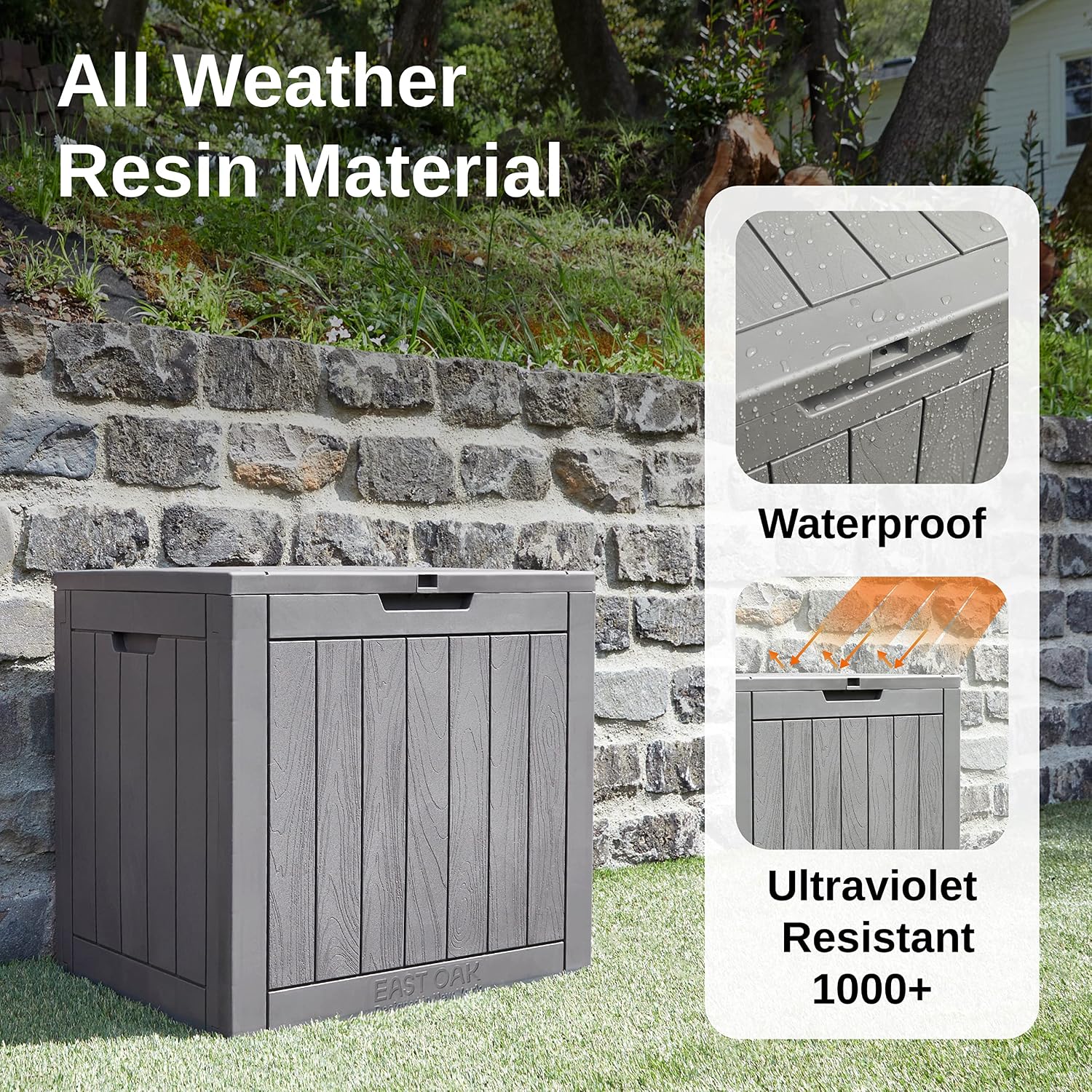 Suncast 50 Gallon Medium Capacity All Weather Construction Resin Outdoor Storage Deck Box with Arched Lid for Patio, Garden, or Pool, Peppercorn | EAST OAK Deck Box, 31 Gallon Indoor and Outdoor Storage Box