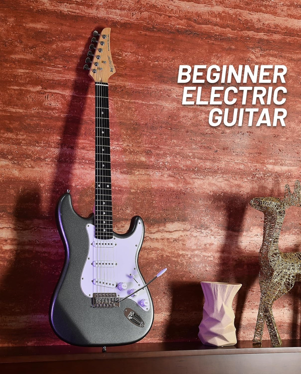 Leo Jaymz Beginner Electric Guitar Complete Kit with Portable Amp, Padded Gig Bag & Full Accessories, Maple Neck SSS Pickups (Gray)