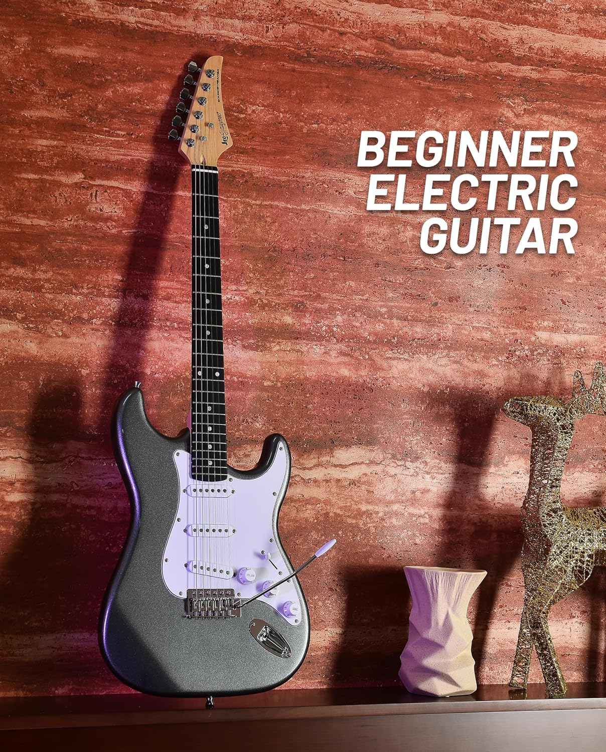 Leo Jaymz Beginner Electric Guitar Complete Kit with Portable Amp, Padded Gig Bag & Full Accessories, Maple Neck SSS Pickups (Gray)