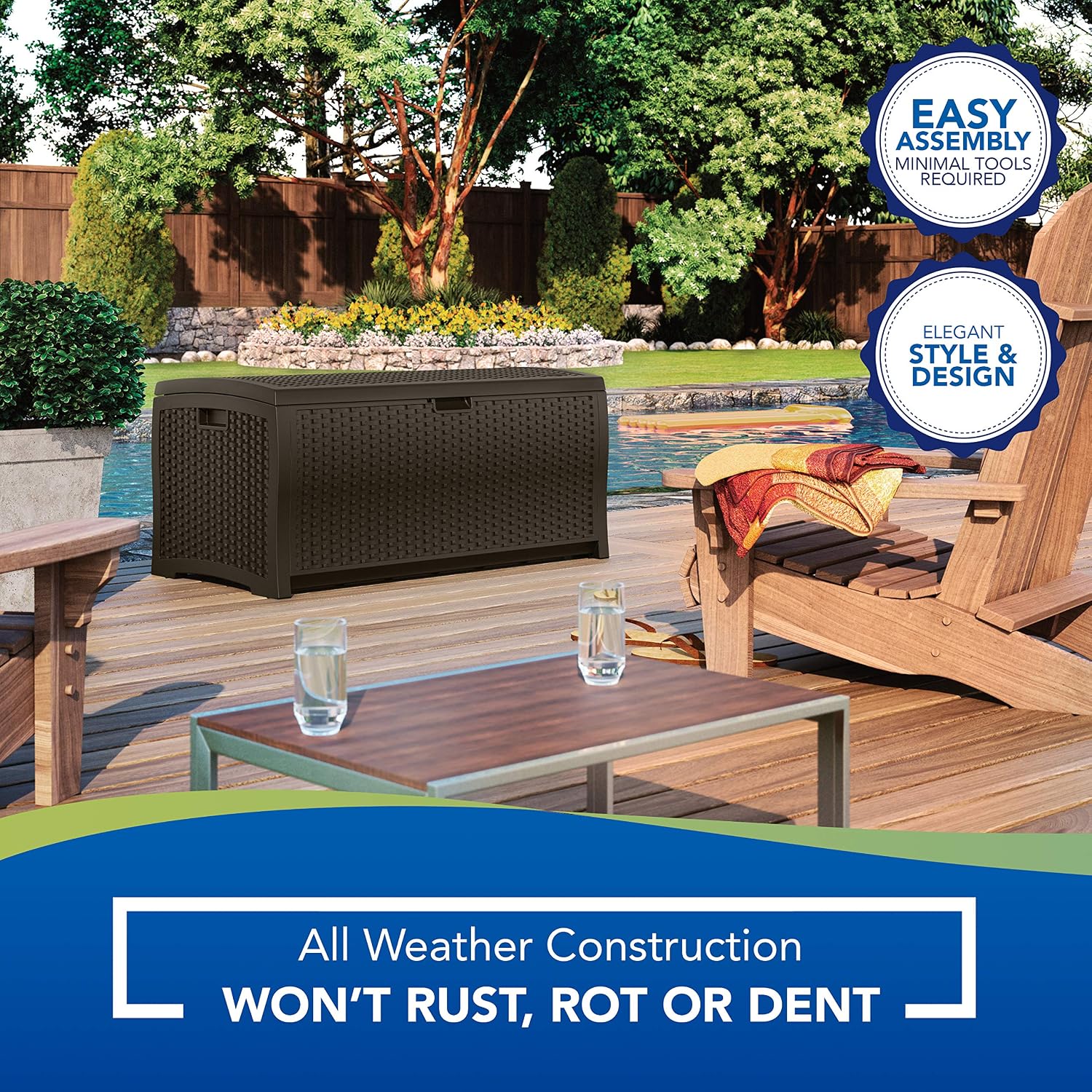 Suncast 73-Gallon Medium Deck Box 22 Gallon Small Resin Storage Seat | Outdoor Storage Containers for Patio and Yard