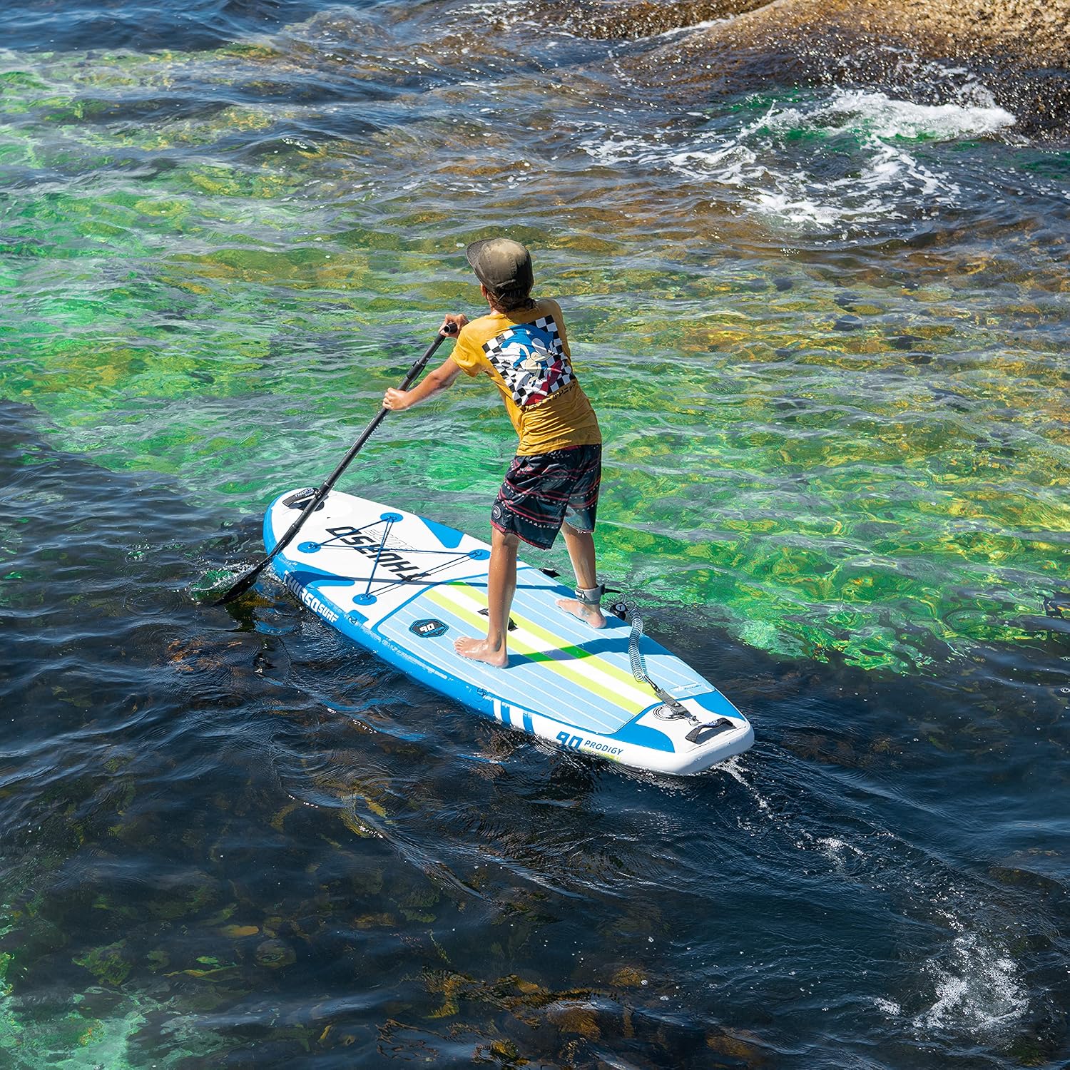 THURSO SURF Prodigy Junior Kids Inflatable SUP Stand Up Paddle Board 7'6 x 30'' x 4'' Two Layer Includes Adjustable Carbon Shaft Paddle/3 Fins/Leash/Duffle Bag/NO Pump Included