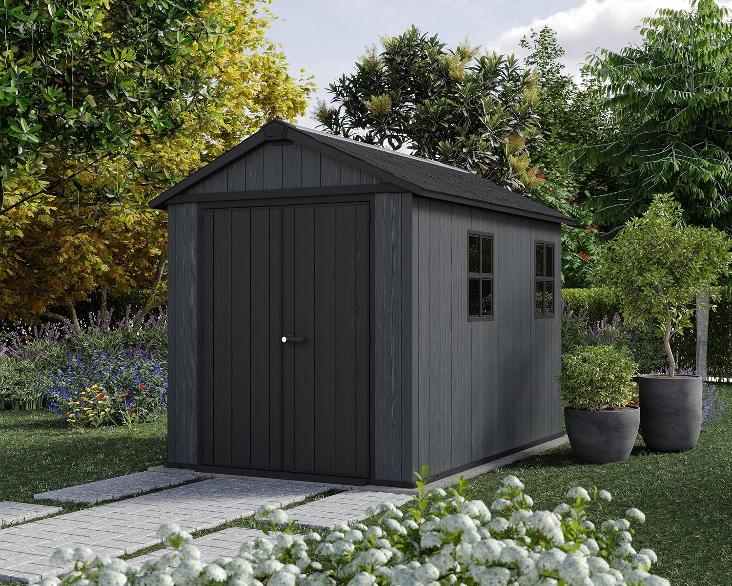 Keter Newton Plus 7.5x9 Ft All-Weather Storage Shed with Skylight, Window, Built-in Ventilation, Customizable Walls, & Lockable Double Doors, Graphite